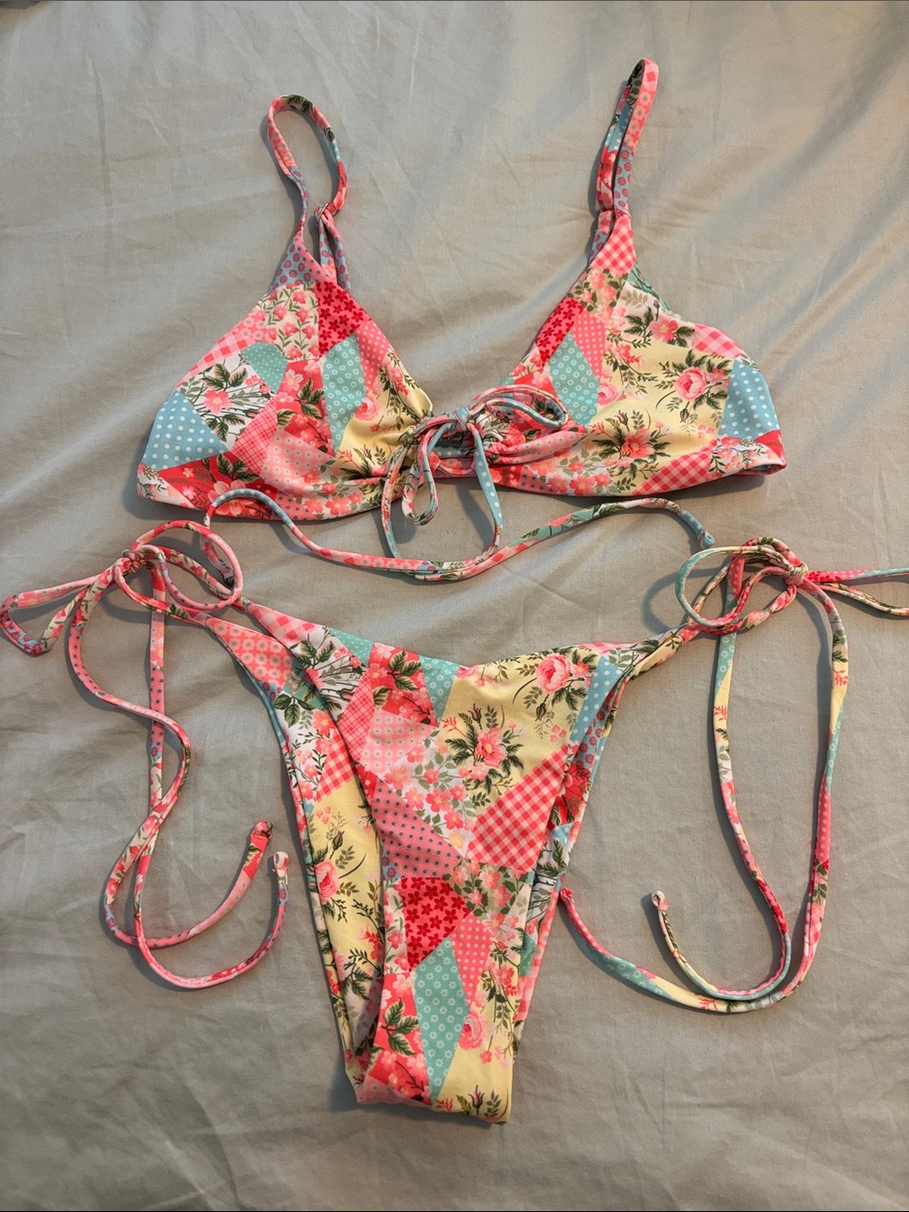 Floral Patchwork Triangle Bikini Top - Pink & Blue
